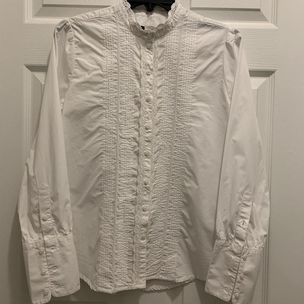 J. Crew White Pintucked Blouse Lace Collar